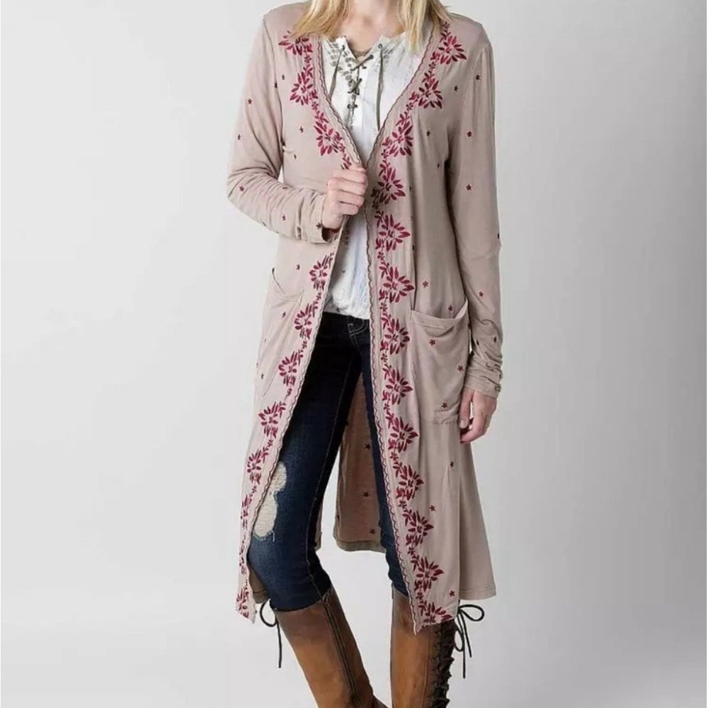 POL‎ Embroidered Long Duster Cardigan Open Front Medium Taupe Front Pockets Boho